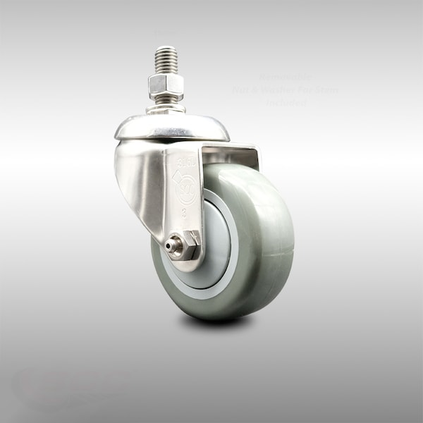 3 Inch 316SS Gray Polyurethane Wheel Swivel 10mm Threaded Stem Caster SCC